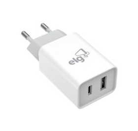 CARREGADOR DE TOMADA ELG W124C USB-A 2.1A/USB-C 2.1A BRANCO
