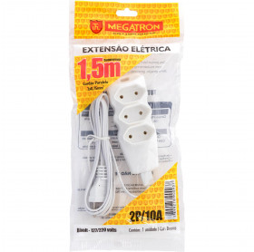 EXTENSAO ELETRICA MEGATRON 3 TOMADAS 1,5MT 2X0,75 CORDAO PARALELO BRANCA 