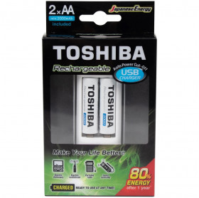 CARREGADOR DE PILHAS USB P/2 PILHAS AA/AAA TOSHIBA C/2 PILHAS AA 2.000MAH 