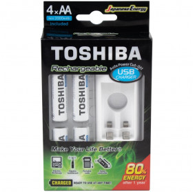 CARREGADOR DE PILHAS USB P/2 PILHAS AA/AAA TOSHIBA C/4 PILHAS 2.000 MAH TNHC-6GM