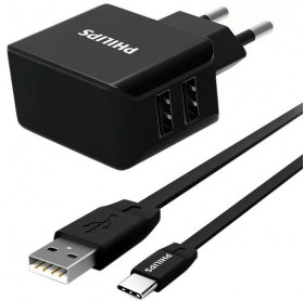 CARREGADOR DE TOMADA ULTRA FAST C/2 USB C/CABO USB-C PHILIPS 15.5W DLP2502C/97