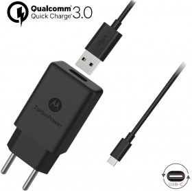 CARREGADOR DE TOMADA TURBO 18W MOTOROLA CABO USB-C PRETO SJSC57-C